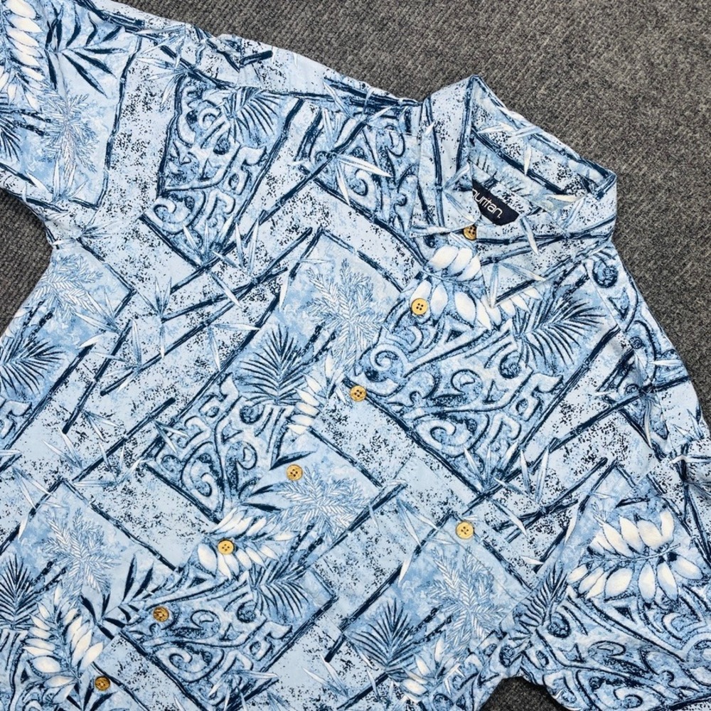 Puritan Mens Small Blue Tropical Batik Rayon Button Up Shirt Y2K Short Sleeve